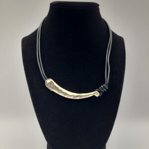 Tribal Aged Textured Metal Pendant Necklace on Black Cord - Vintage 90s